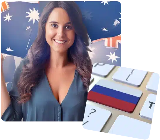 A smiling woman holding an Australian flag stands beside a close-up of a keyboard with a Russian flag key.