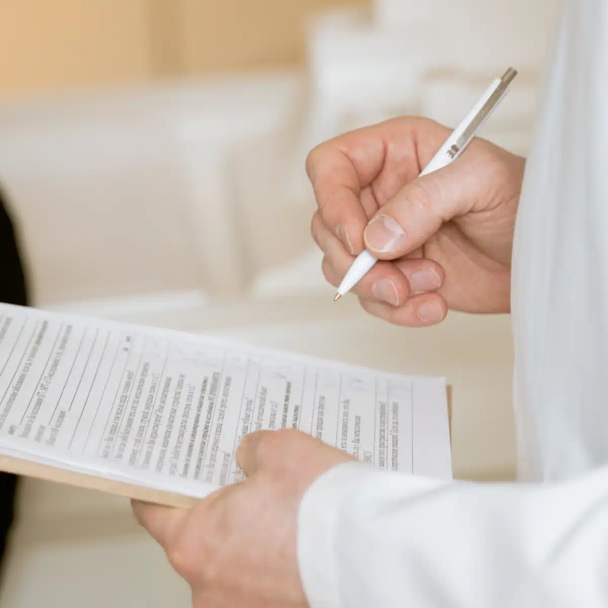 A person in a white coat holding a clipboard and filling out a form with a pen, suggesting a medical or professional setting.